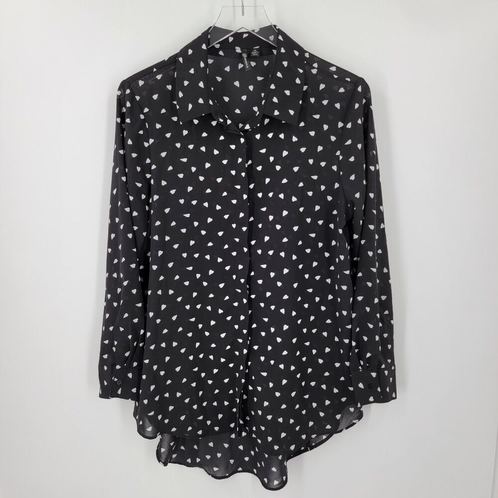 Versona Blouse Women's Medium Heart Print Button Up Semi Sheer High-Low Hem